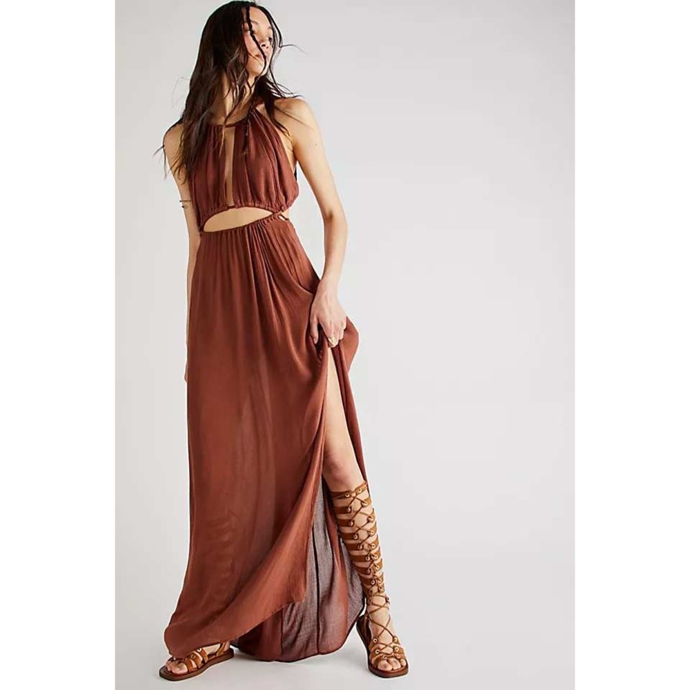 Free People Holy Smokes‎ OOS rare sexy Maxi Dress Orange Black Boho Fall Size M - Picture 5 of 5